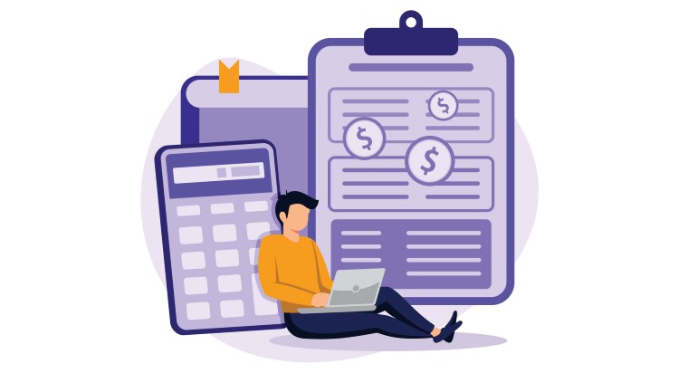 Costs of branding statistics concept, a man with a laptop is sitting next to a big calculator and paper with coins symbols.