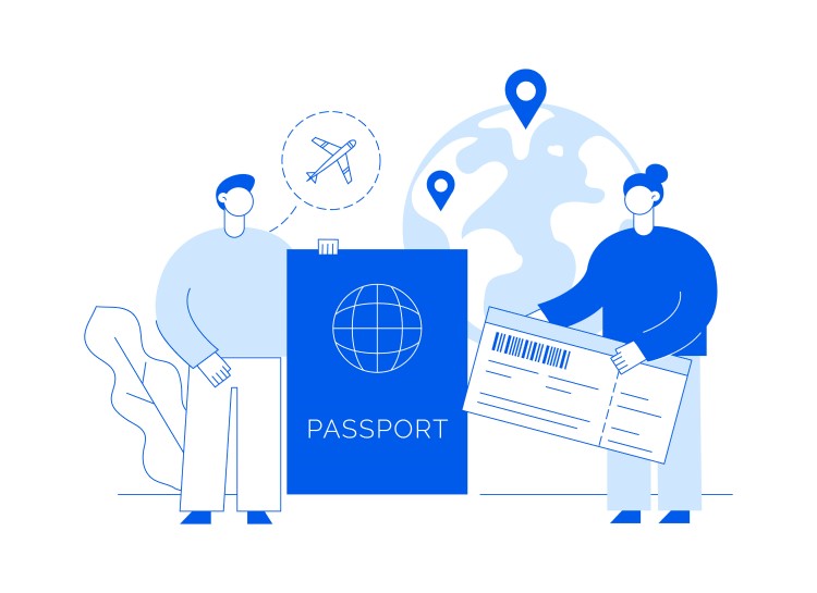 Digital nomad visa concept, man and woman are holding passport and flight ticket with a big globe icon on the background.
