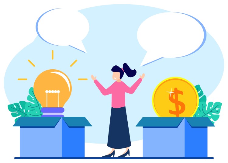 A woman standing between a box with a light bulb and a box with a coin, a profitable besiness idea concept.