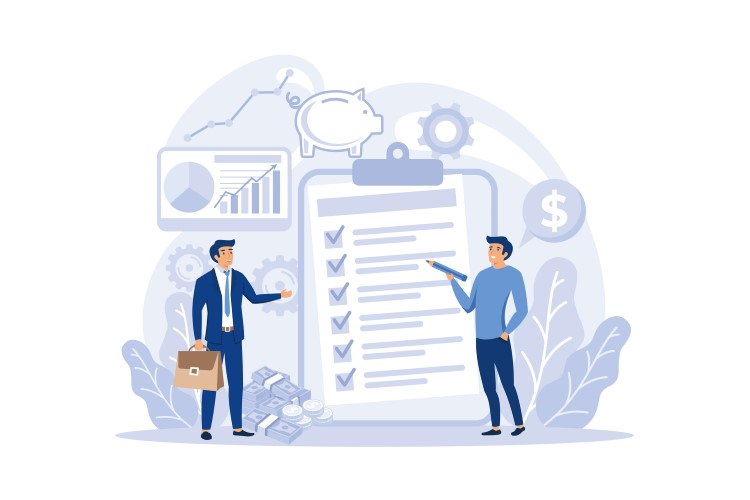 Small business lending applicatioon statistics concept, businesman is signing a big paper with coins and graphs symbols at the background.