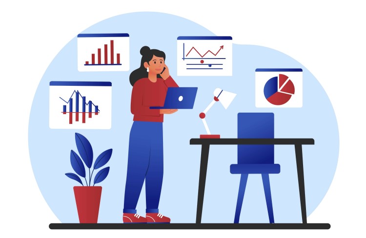 SMS marketing engagement statistics concept, a female is talking on the phone while holding a laptop with a lot of graphs at the background.