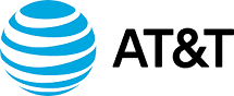AT&T Logo. AT&T are in all caps and written in black. To the left is a blue globe with white stripes in it.
