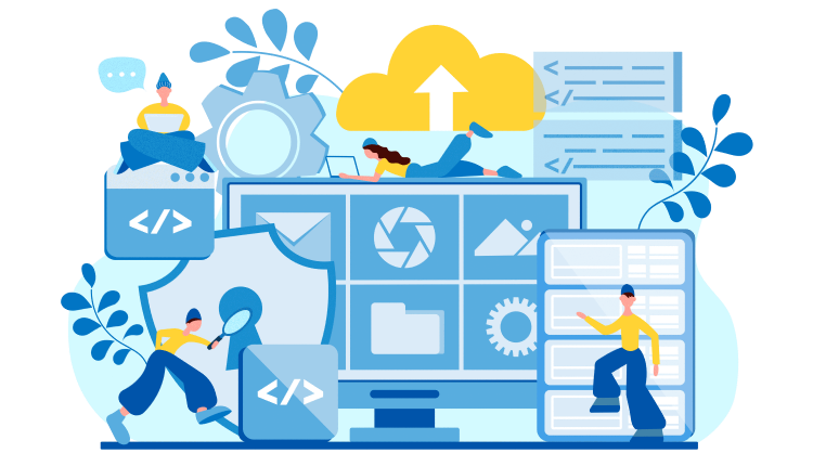 Cloud technology ERP statistics concept, employees and cloud computing technology icons around them.