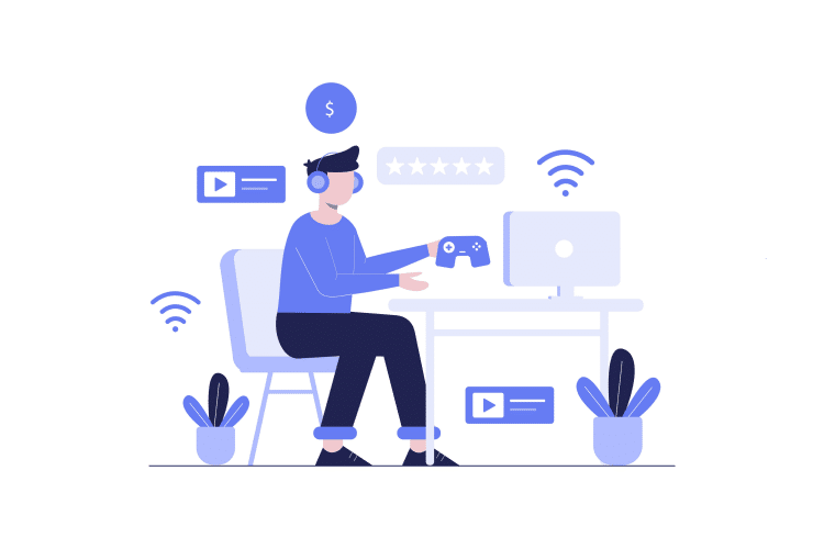 Vector image of a guy playing games to make money online