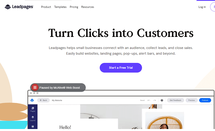 This is a screenshot of the homepage of Leadpages