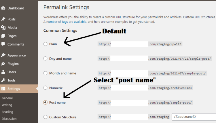 Screenshot showing WordPress Permalink Settings