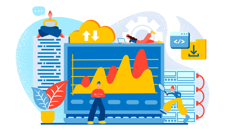 Software development tools statistics, software developers and a graph symbols.