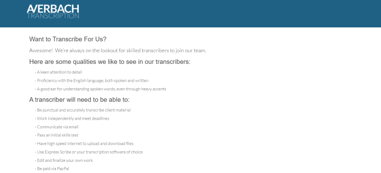 Best Paying General Transcriptionist Jobs, Averbach Transcription page with requirements to a transcriber.