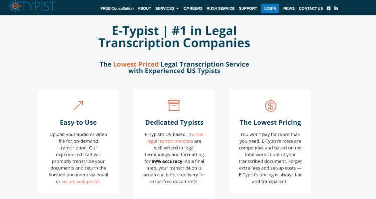 Best Transcriptionist Jobs with Legal Secretary Experience, E-Typist page saying it is number one in legal trancription companies while being the lowest priced legal transcription service with experienced US typists.